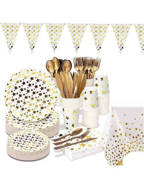 Vajilla para fiesta U Shop Mexico gold stars de plástico para 25 personas