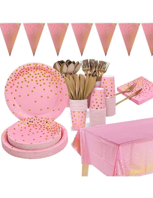 U SHOP MEXICO Vajilla para fiesta U Shop Mexico pink gold points de cartón para 25 personas