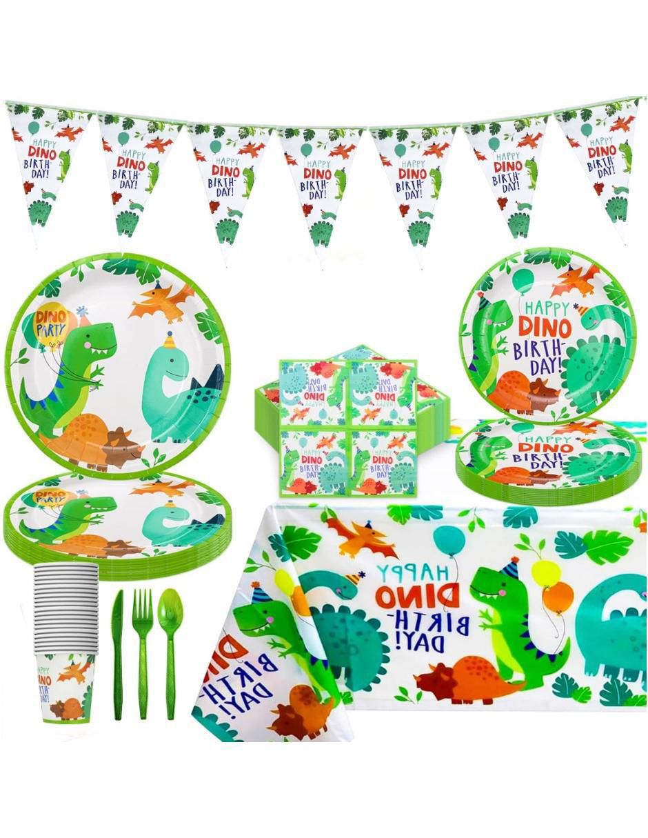 Vajilla para fiesta happy dino birthday de cartón para 25 personas