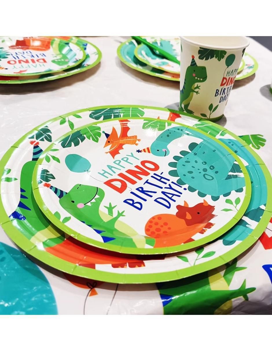 Vajilla para fiesta happy dino birthday de cartón para 25 personas 2