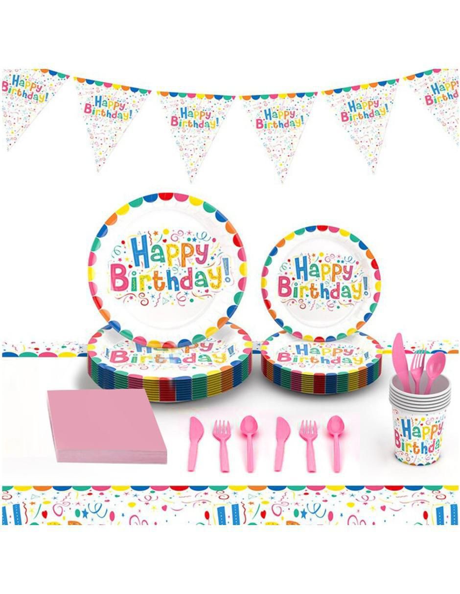 Vajilla para fiesta happy birthday de cartón para 25 personas