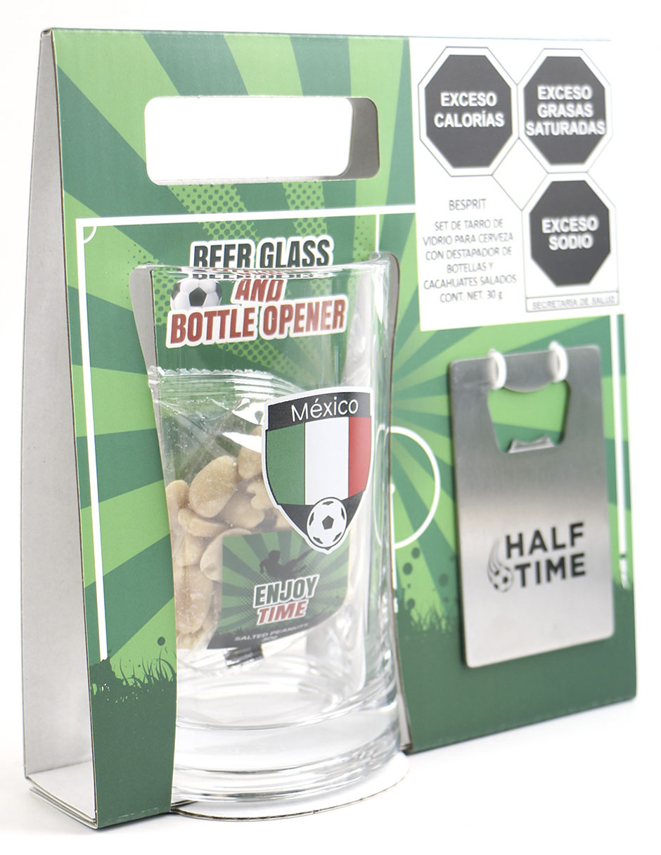 Set de regalo tarro de vidrio con destapador de botellas y cacahuates salados Besprit Mundial 2