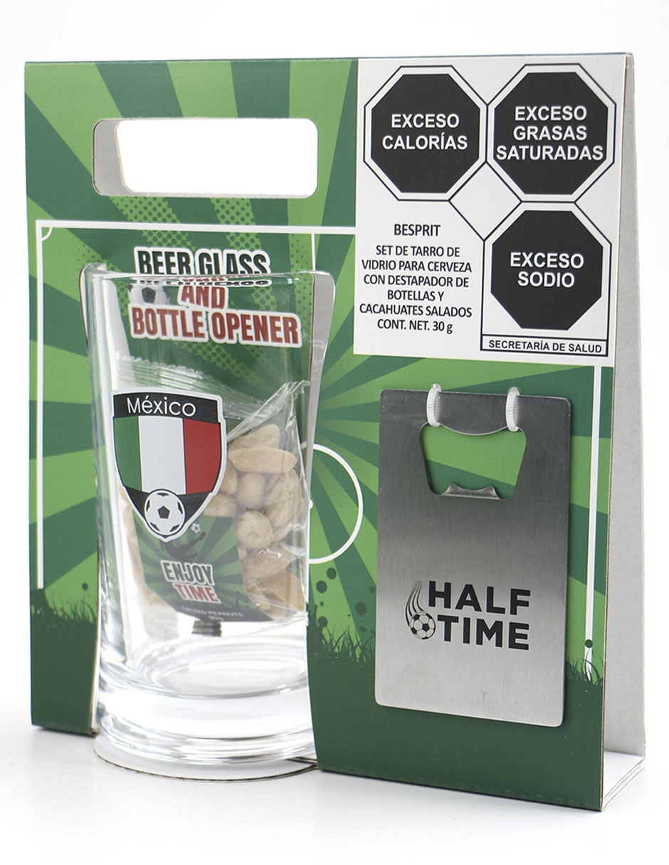 Set de regalo tarro de vidrio con destapador de botellas y cacahuates salados Besprit Mundial 3